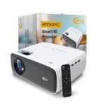 A white and dark grey OTEK EPIC Smart HD Projector displayed next to its product box and black remote control, set against a white background.