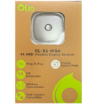 "Front packaging of the Olio OL-02-WDA 4K HDR Wireless Display Receiver showing the device and features such as Plug-N-Play, 4K@60Hz resolution, wireless transmission, multi-system compatibility, and display extend mode."