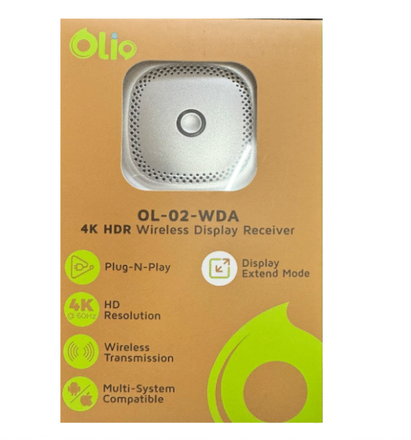 "Front packaging of the Olio OL-02-WDA 4K HDR Wireless Display Receiver showing the device and features such as Plug-N-Play, 4K@60Hz resolution, wireless transmission, multi-system compatibility, and display extend mode."