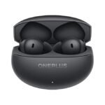 “Storm Gray OnePlus Buds 4 wireless earbuds inside an open charging case with OnePlus logo.”