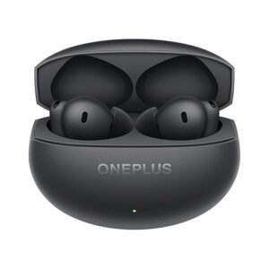 “Storm Gray OnePlus Buds 4 wireless earbuds inside an open charging case with OnePlus logo.”
