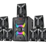 "Phantom 7.1 Bluetooth Home Theatre system with 90W output featuring a central subwoofer with LED lights, seven satellite speakers, and a remote control in black."