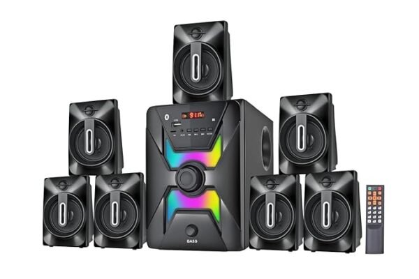 "Phantom 7.1 Bluetooth Home Theatre system with 90W output featuring a central subwoofer with LED lights, seven satellite speakers, and a remote control in black."