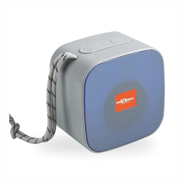 A small, light gray, cube-shaped portable Bluetooth speaker with rounded corners. It has a blue speaker grille, an orange square logo in the center, a braided gray and white lanyard attached to the top left corner, and control buttons on the top surface.