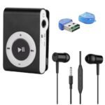 Black mini metal clip MP3 player with control buttons, shown alongside wired earphones and a USB card reader.