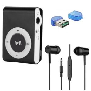 Black mini metal clip MP3 player with control buttons, shown alongside wired earphones and a USB card reader.