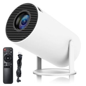 Portable mini projector in white with a cylindrical body, 180° rotatable stand, front lens grille, remote control, and power cable included.