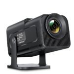 Black portable mini LED video projector on a stand.