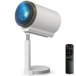 A white cylindrical LED projector, titled "Portronics Beem 520 Smart LED Projector with Built-in Stand," mounted on a tall, adjustable white stand with a round base. A black remote control is positioned to the right of the projector.