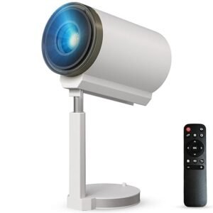 A white cylindrical LED projector, titled "Portronics Beem 520 Smart LED Projector with Built-in Stand," mounted on a tall, adjustable white stand with a round base. A black remote control is positioned to the right of the projector.