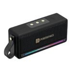 Portronics Harmony Mini 25W Bluetooth Speaker, black with RGB lighting and leather strap.