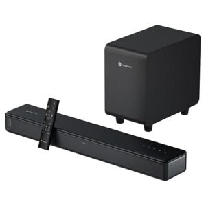Black Portronics Sound Slick X Bluetooth soundbar with wired subwoofer and remote control placed beside the soundbar.