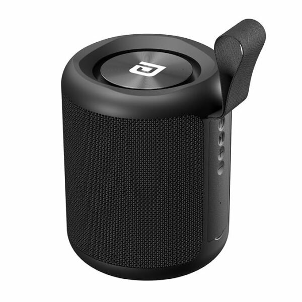 Portronics SoundDrum P 20W Portable Bluetooth Speaker with 6-7 hrs Playback Time, Handsfree Calling, USB Slot, Aux-in Port, Type C Charging (Black) Black cylindrical portable Bluetooth speaker with a fabric mesh body, top passive radiator, side control buttons, and a flexible carrying strap.