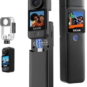 SJCAM C300 4K action camera with dual touch screens, handheld grip, and waterproof case in black