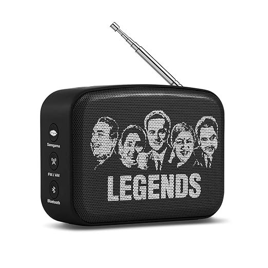 Saregama Carvaan Mini Honeywell Moxie V200 portable speaker in olive green and black, with a cylindrical two-tone design.