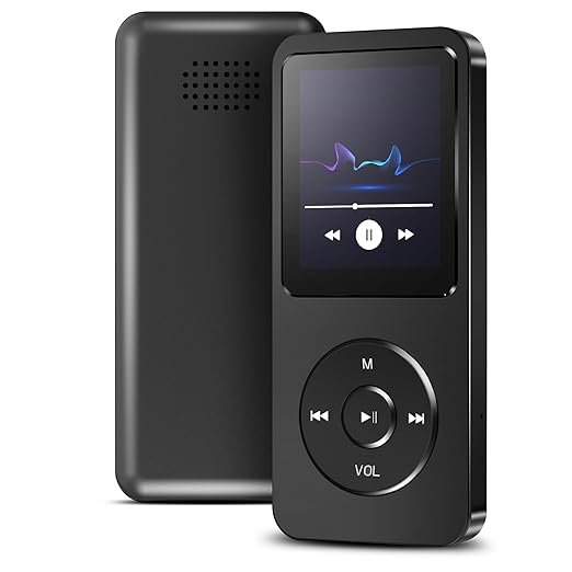 Sounce 16GB Mini MP3 Music Player with Bluetooth 5.4 – HiFi Sound, Video Playback, FM Radio & Expandable Storage (Black) Black Sounce mini MP3 music player with screen display, control buttons, and built-in loudspeaker, shown from front and back angles.