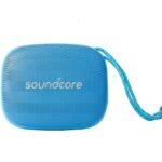Soundcore Icon Mini Waterproof Bluetooth Speaker in blue with an attached braided wrist strap, against a white background.