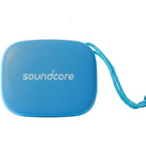 Soundcore Icon Mini Waterproof Bluetooth Speaker in blue with an attached braided wrist strap, against a white background.