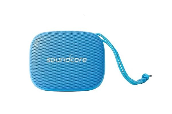 Soundcore Icon Mini Waterproof Bluetooth Speaker in blue with an attached braided wrist strap, against a white background.