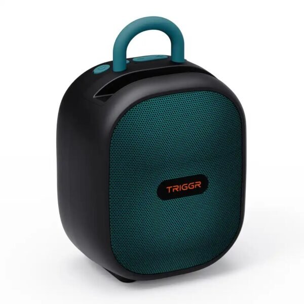 TRIGGR Puls8 Portable 10W Bluetooth Speaker – Mariner Black Portable black and teal TRIGGR Puls8 Bluetooth speaker with a handle and front mesh grille.