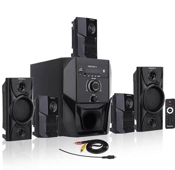 TRONICA Super King 40W 5.1 Bluetooth Home Theater System with FM, USB, SD Card & AUX Support "TRONICA Super King 40W 5.1 Bluetooth home theater system with subwoofer, five satellite speakers, remote control, and audio cables."