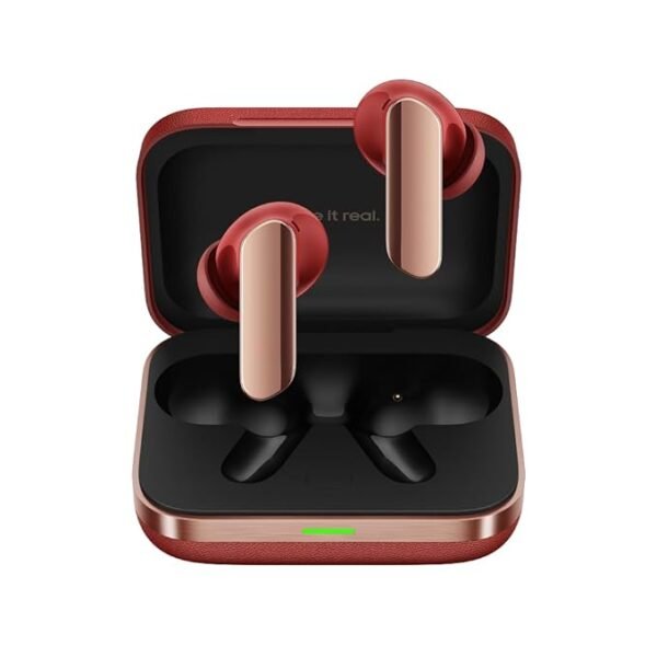 "realme Buds Air 7 Moss Green wireless earbuds placed inside an open charging case with sleek matte finish and modern stem-style design."