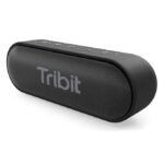 Black Tribit XSound Go portable Bluetooth speaker with a sleek rounded design, front mesh grille, and top control buttons.