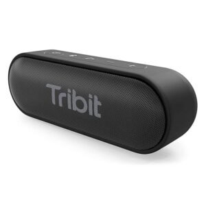 Black Tribit XSound Go portable Bluetooth speaker with a sleek rounded design, front mesh grille, and top control buttons.