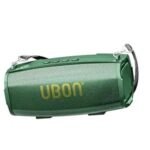 Green UBON portable Bluetooth speaker with a cylindrical design, metal front grille, control buttons on top, and carrying strap.