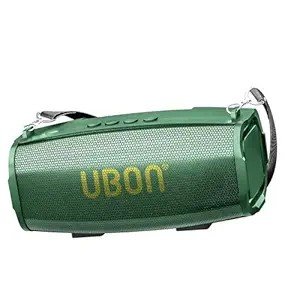 Green UBON portable Bluetooth speaker with a cylindrical design, metal front grille, control buttons on top, and carrying strap.