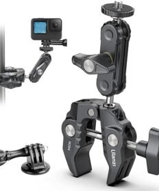 ULANZI super clamp camera mount with double ball head magic arm and 360-degree rotation, compatible with action cameras, DSLR, monitors, and LED lights