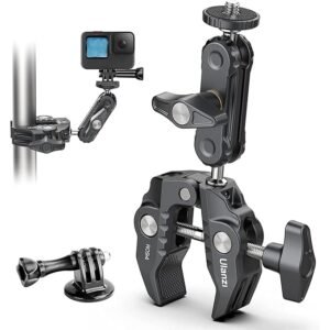 ULANZI super clamp camera mount with double ball head magic arm and 360-degree rotation, compatible with action cameras, DSLR, monitors, and LED lights