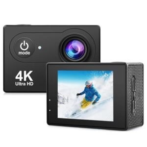 A black 4K Ultra HD action camera shown from two angles: the front view highlighting the lens and power/mode button, and the rear view showing a built-in LCD screen displaying a person skiing.