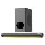 VW Hunter Bar black soundbar with LED lighting and 6.5-inch subwoofer for deep bass home theatre sound.