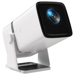 WZATCO Yuva Go smart projector in white with a rotatable stand, compact rectangular body, and front lens with black grille design.