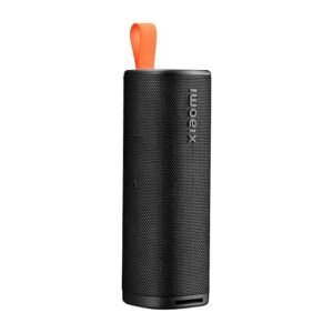 Black cylindrical Xiaomi outdoor Bluetooth speaker with a textured mesh body and an orange carrying loop on top.