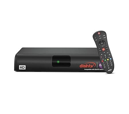 dishtv Smart+ HD Only Set Top Box (STB) with Remote - Compatible with DishTV and D2H A black, rectangular Dish TV Smart+ HD Set Top Box with a green indicator light and the 'dishtv' logo on the front, shown next to its matching black remote control.