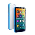 A blue and white innioasis 80GB MP3 Player with a touchscreen display showing various music and app icons, including Music, Pandora, Spotify Kids, Apple Music, Amazon Music, Spotify, TIDAL, Deezer, Chrome, Audible, Kindle, and Facebook. The device is shown from the front and slightly from the back.