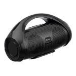 A black pTron Fusion Go portable Bluetooth speaker with a built-in handle and cylindrical mesh body.