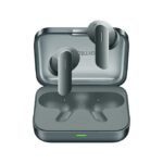 "realme Buds Air 7 Moss Green wireless earbuds placed inside an open charging case with sleek matte finish and modern stem-style design."