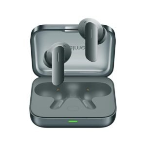"realme Buds Air 7 Moss Green wireless earbuds placed inside an open charging case with sleek matte finish and modern stem-style design."