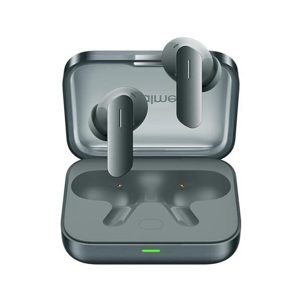 "realme Buds Air 7 Moss Green wireless earbuds placed inside an open charging case with sleek matte finish and modern stem-style design."