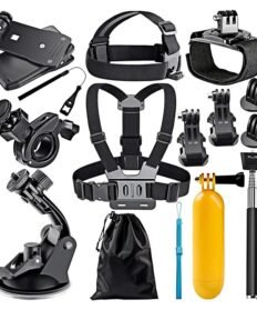 Yantralay 15-in-1 action camera accessories kit including chest mount, head strap, wrist strap, suction cup mount, selfie monopod, floating grip, mounts, and storage pouch